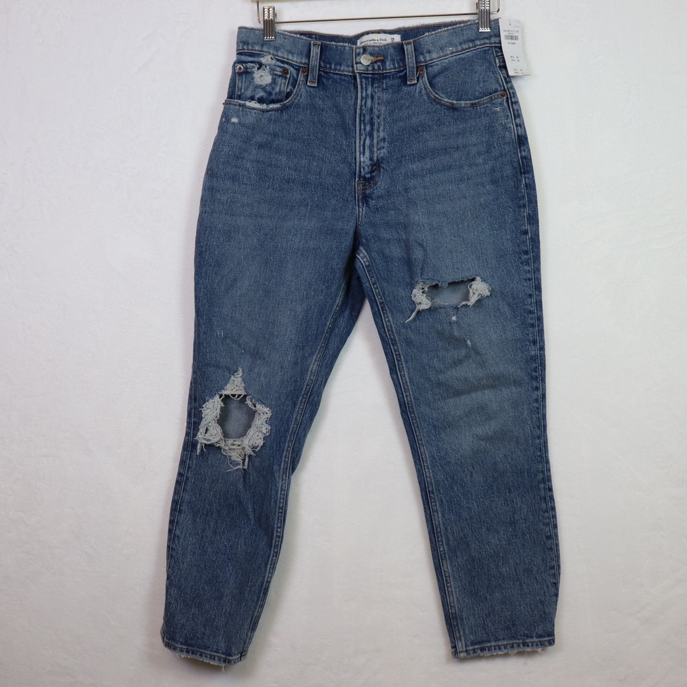 ABERCROMBIE & FITCH Blue High Rise‎ Distressed Mom Jeans 28/6S